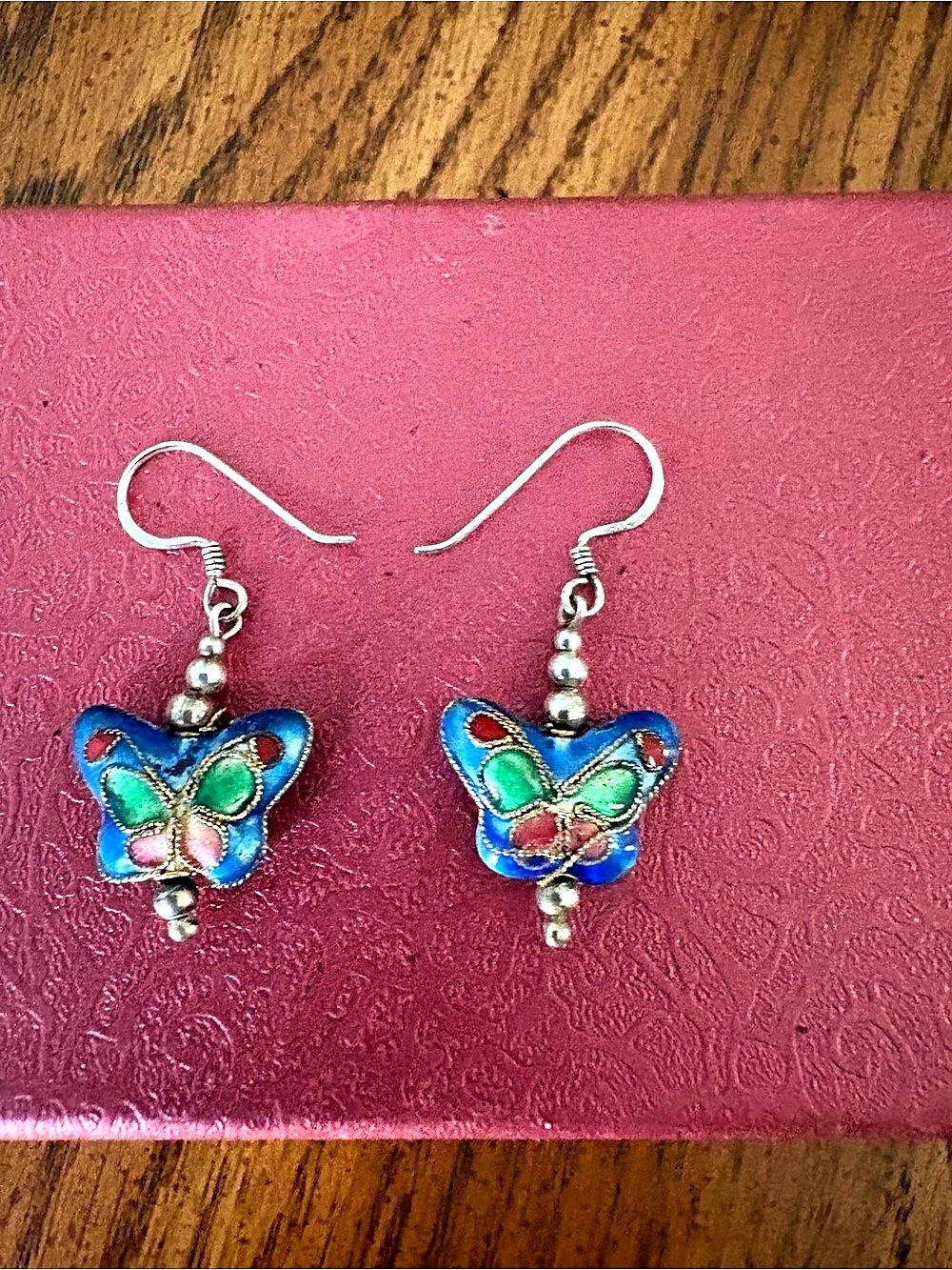 Vintage Petite Cloisonné Enamel Blue Butterfly Pierced Dangle/Drop Earrings